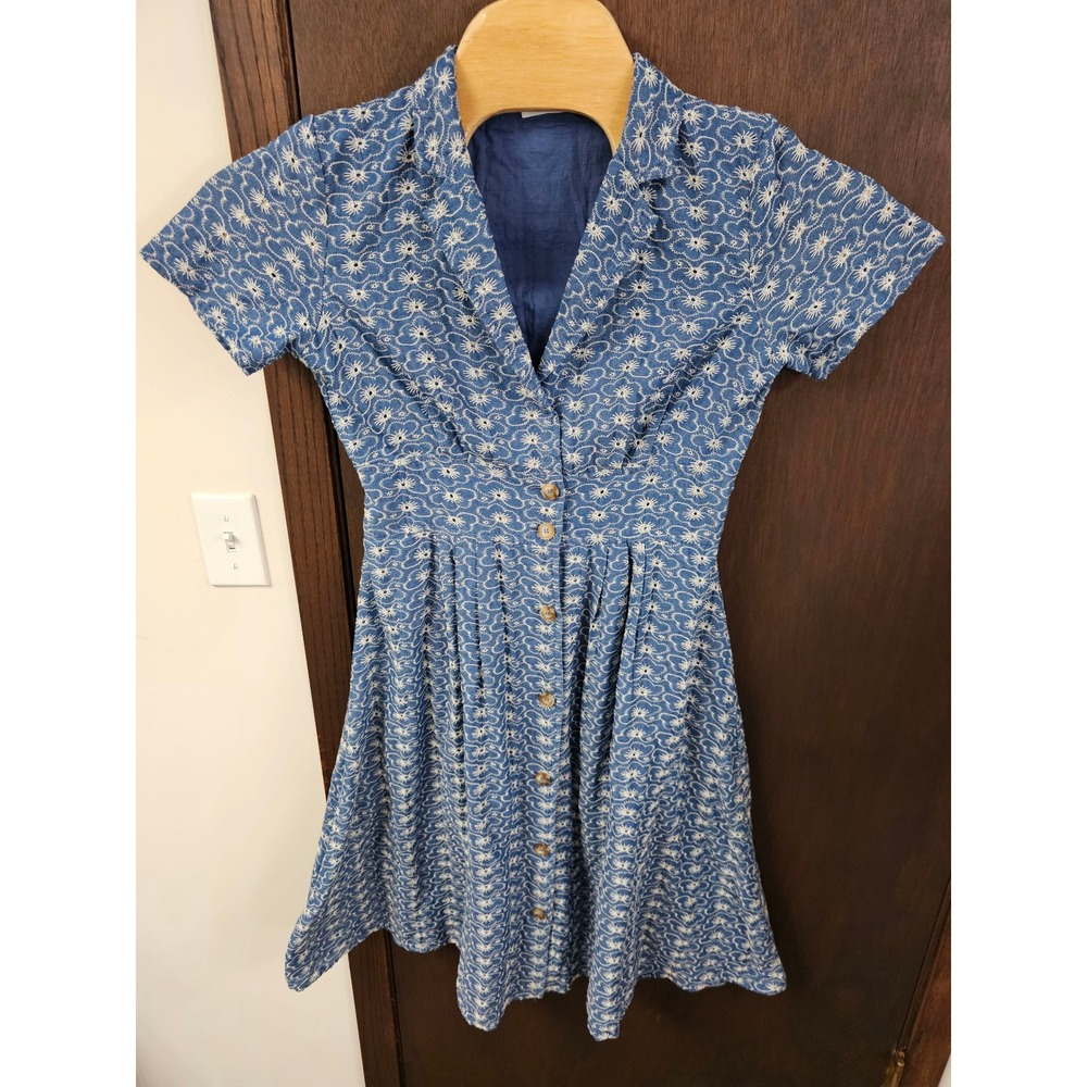 Neuflora Blue Floral Embroidered Cotton Button Front Dress L cottage bohemian